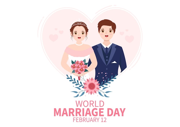 Día Mundial del Matrimonio el 12 de febrero con símbolo de amor en dibujos animados planos Plantillas dibujadas a mano Ilustración