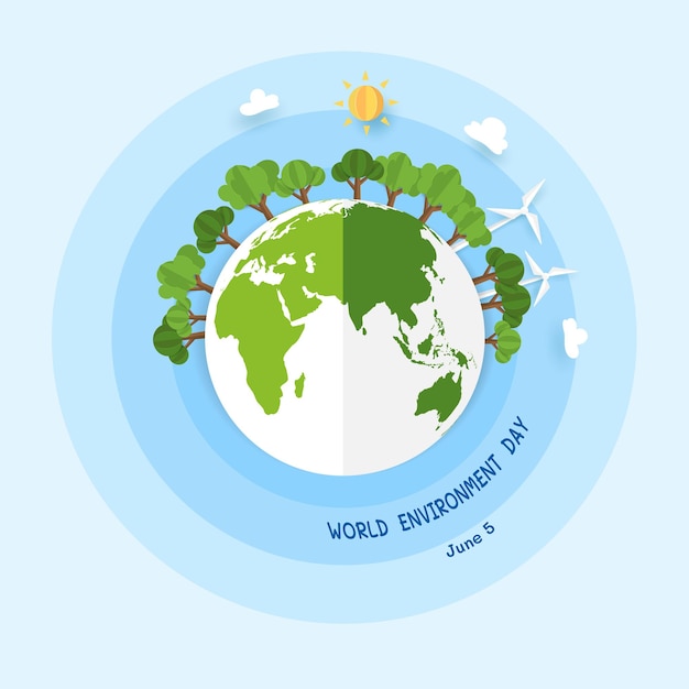 Día mundial del medio ambiente 5 de junio concepto en ilustrador mundo verde con nubes de sol de molino de viento y árboles en diseño de papel de origami