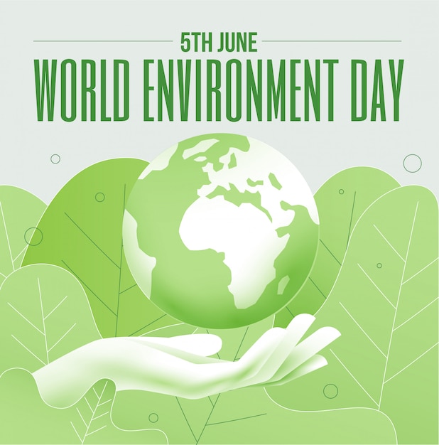 Día mundial del medio ambiente 5 de junio concepto de pancarta o póster con el planeta tierra y la mano humana en colores verdes. ilustración