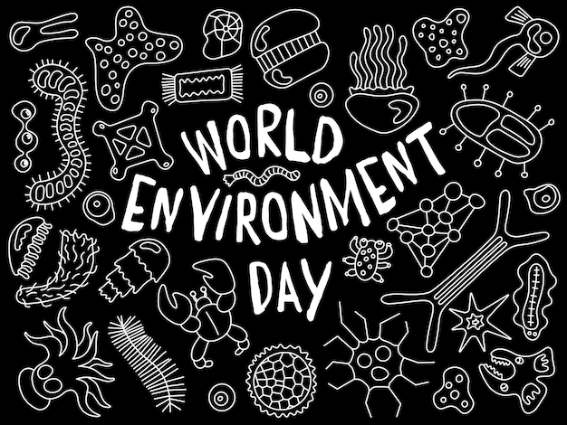 Día mundial del medio ambiente doodle varios microorganismos telón de fondo de patrón de fondo con infeccioso