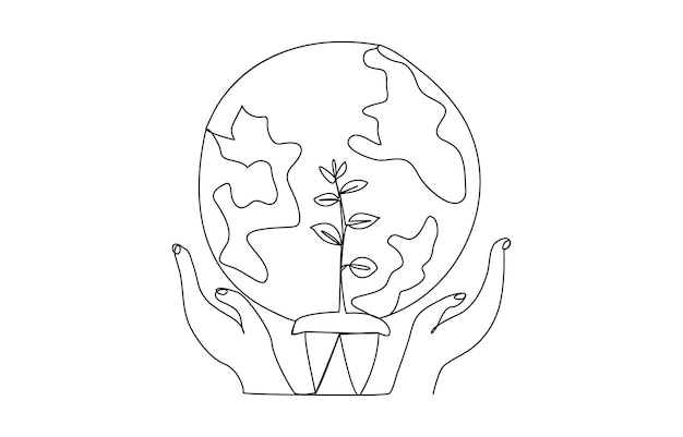 Día Mundial del Medio Ambiente Resumen El planeta tierra en las manos dibujo artístico continuo de una sola línea