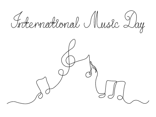Día Mundial de la Música Notas musicales clave aguda continua arte de una línea dibujo a mano boceto logotipo