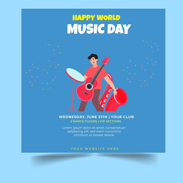 Día mundial de la música Planeta Tierra con instrumentos musicales vector Cartel del día de la música 21 de junio