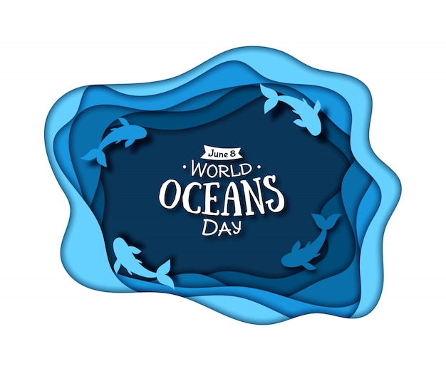 Vector día mundial de los océanos. arte de papel azul de olas del mar y peces