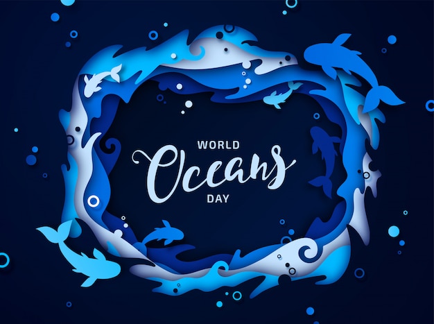 Día mundial de los océanos. arte en papel de olas y peces marinos