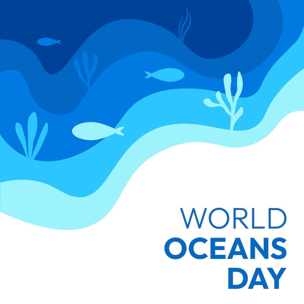Día Mundial de los Océanos El cartel es azul y blanco Tiene un océano azul con peces y algas