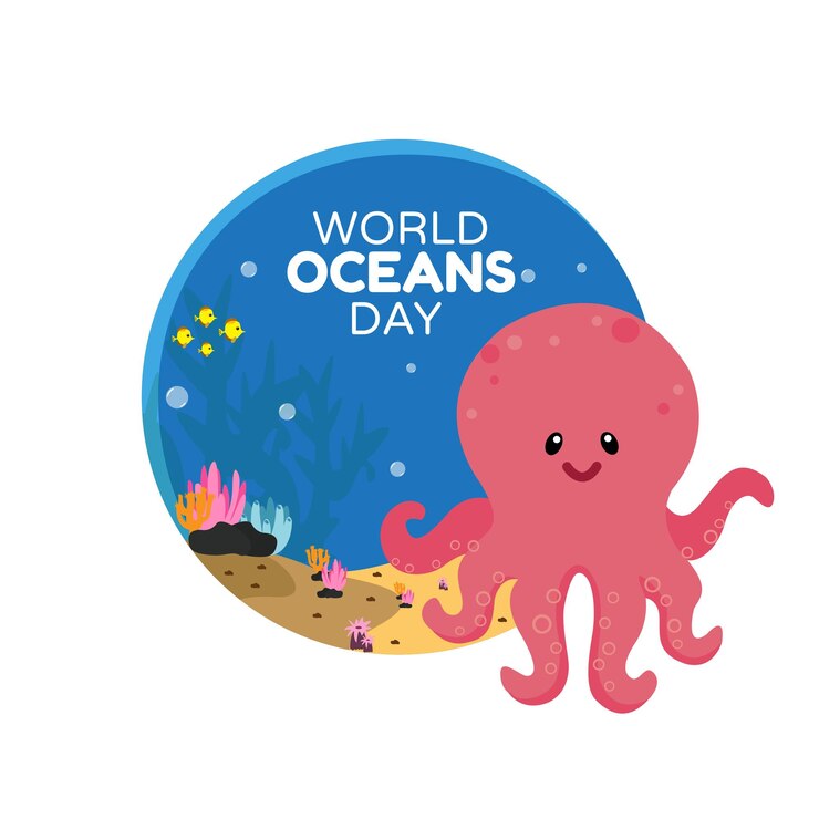 Día mundial de los océanos Ilustración de vector de cartel de animales marinos