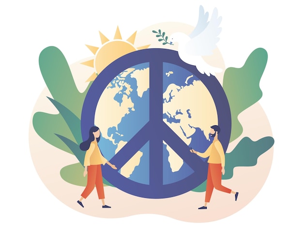 Día mundial de la paz las personas diminutas viven en el amor, la calma y la armonía globo blanco paloma y signo hippie