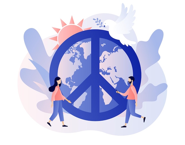 Vector día mundial de la paz las personas diminutas viven en el amor, la calma y la armonía globo blanco paloma y signo hippie