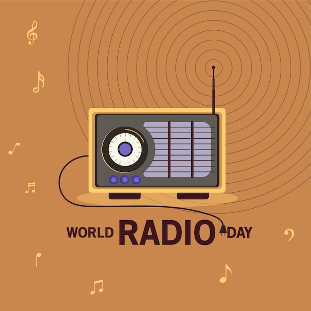 día mundial de la radio con ondas de radio y notas musicales