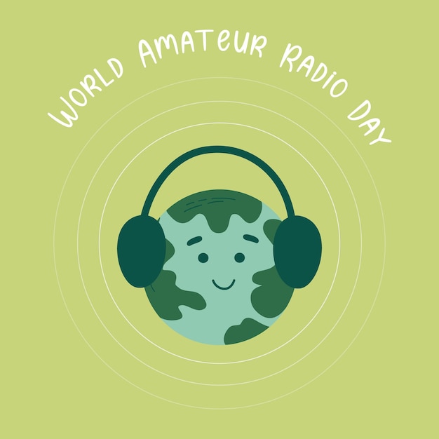 Vector día mundial de la radioaficionada globo kawaii con auriculares y ondas de radio radiodifusión