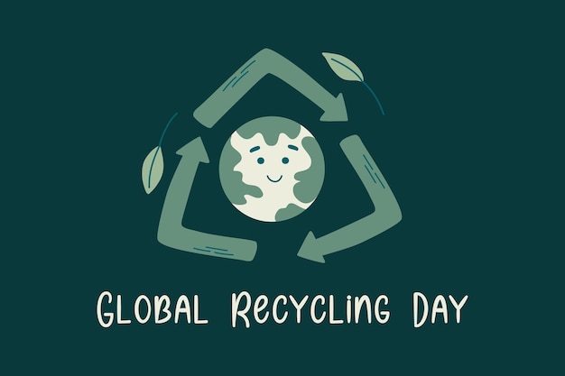 Día Mundial del Reciclaje Fondo verde con globo kawaii y símbolo de reciclaje Vector de estilo plano