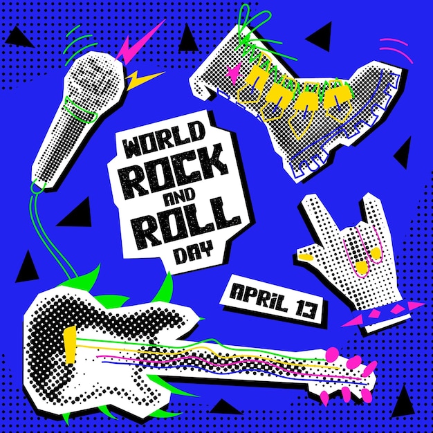 Día Mundial del Rock and Roll Rocker collage estilo grunge fiesta 13 de abril conjunto de objetos pop art azul