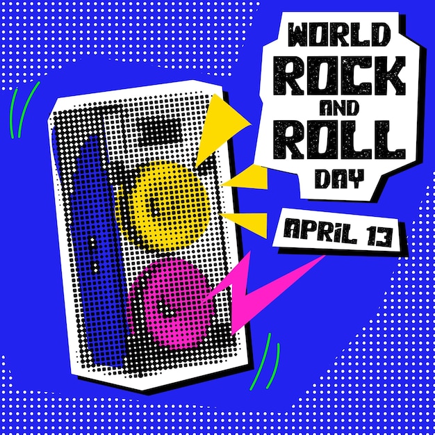 Día Mundial del Rock and Roll Rocker collage estilo grunge fiesta es el 13 de abril gran columna de música azul