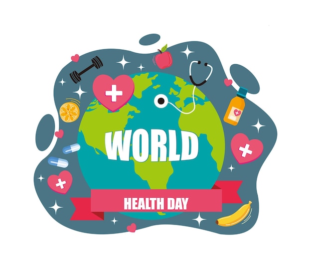 Día Mundial de la Salud el 7 de abril con la Tierra y el Equipo Médico para la Importancia de la Salud y el Estilo de Vida Ilustración moderna de vector plano