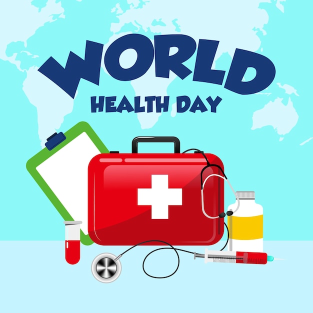 Día mundial de la salud con un botiquín de primeros auxilios rojo.