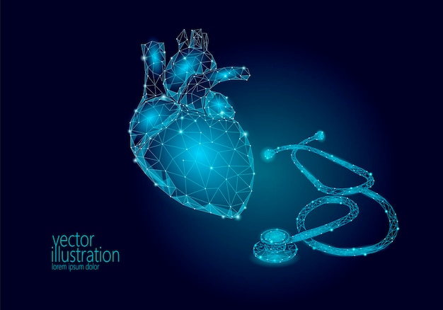 Día mundial de la salud del corazón conciencia ataque de infarto prevenir medicina low poly render órgano humano stethos...