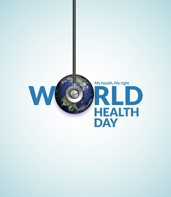 Vector día mundial de la salud estetoscopio creativo con ilustración vectorial de tipografía del mapa del mundo