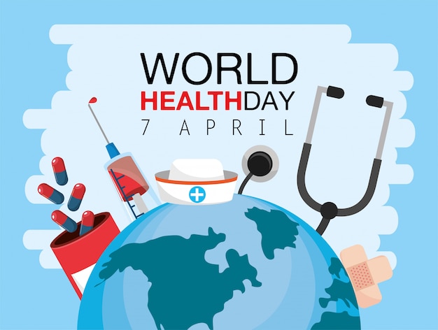 Día mundial de la salud con estetoscopio y medicina.