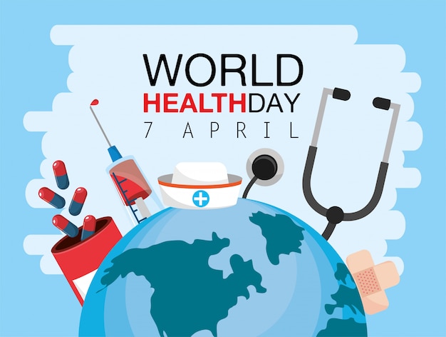 Vector día mundial de la salud con estetoscopio y medicina.