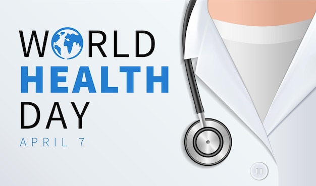 Vector día mundial de la salud, médico con estetoscopio 3d. cartel de celebración del día mundial de la concienciación sobre la salud.