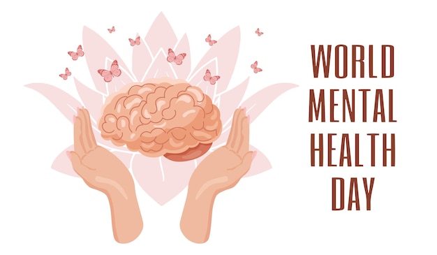 Día Mundial de la Salud Mental 10 de octubre Cerebro humano mentalmente sano en manos y flores Póster