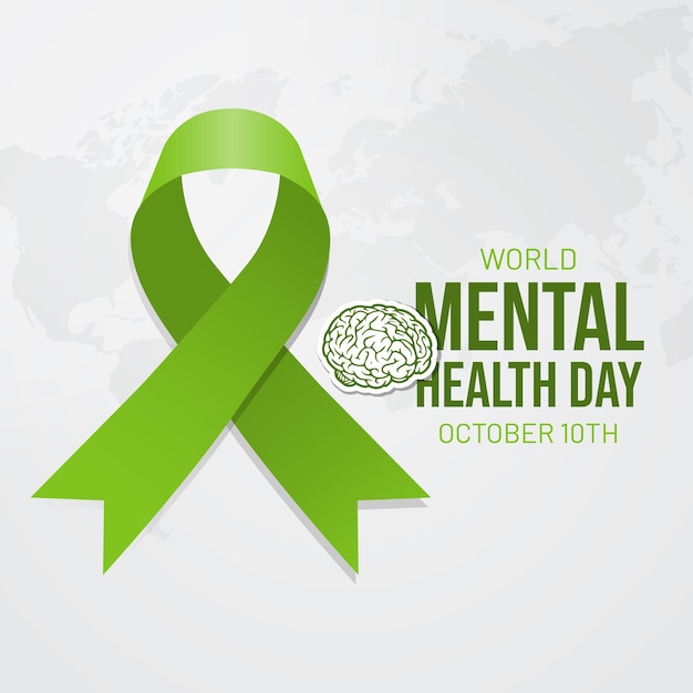 Día Mundial de la Salud Mental 10 de octubre con cinta verde e ilustración de mapas sobre fondo aislado