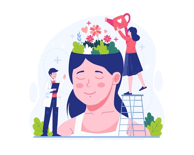 Día Mundial de la Salud Mental con una mujer regando flores que crecen en una enorme cabeza femenina