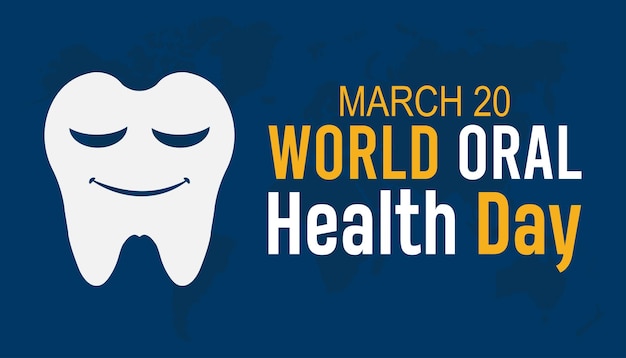 El Día Mundial de la Salud Oral se celebra cada año en marzo Cartel de cartel de vacaciones y vecto de fondo