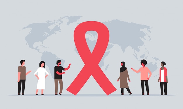 Día Mundial del SIDA conciencia grupo de personas sobre cinta roja signo mapa mundial prevención médica internacional