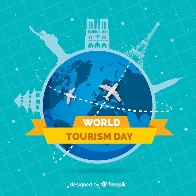 Vector día mundial del turismo plano con rutas en avión