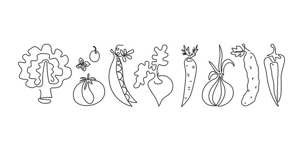 Día Mundial del Veganismo Set de alimentos de verduras dibujadas en una línea Vegetarianismo comida dietética