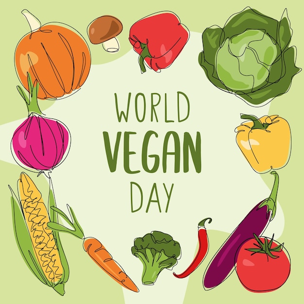 Día Mundial del Vegano Frutas y verduras en estilo de arte en línea Ilustración vectorial