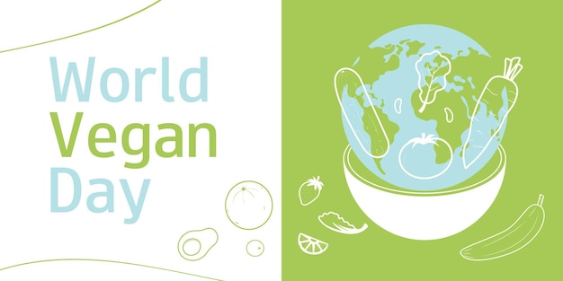 Vector día mundial de los veganos 1 de noviembre estandarte horizontal de veganos alimentos orgánicos plantilla vectorial