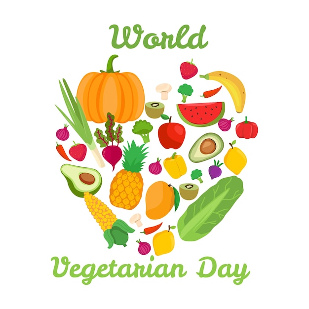 Vector día mundial del vegetariano con calabaza, piña, plátano y otros.