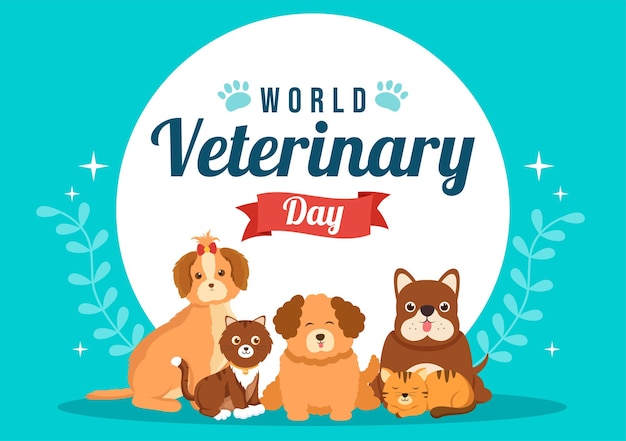 Día mundial del veterinario el 29 de abril ilustración con doctor y lindos perros o gatos animales dibujados a mano