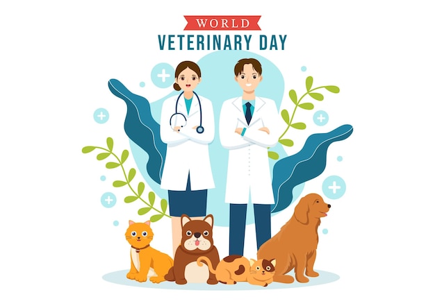 Vector día mundial del veterinario el 29 de abril ilustración con doctor y lindos perros o gatos animales dibujados a mano