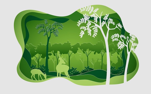 Día mundial de la vida silvestre con el animal en el bosque en el marco del árbol Ilustración vectorial en estilo de corte de papel