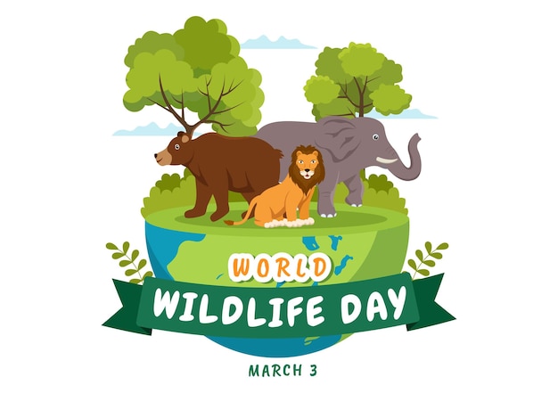 Vector día mundial de la vida silvestre para crear conciencia sobre los animales y preservar el hábitat en el bosque en ilustración