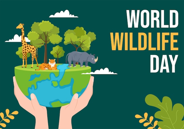 Vector día mundial de la vida silvestre para crear conciencia sobre los animales y preservar el hábitat en el bosque en ilustración