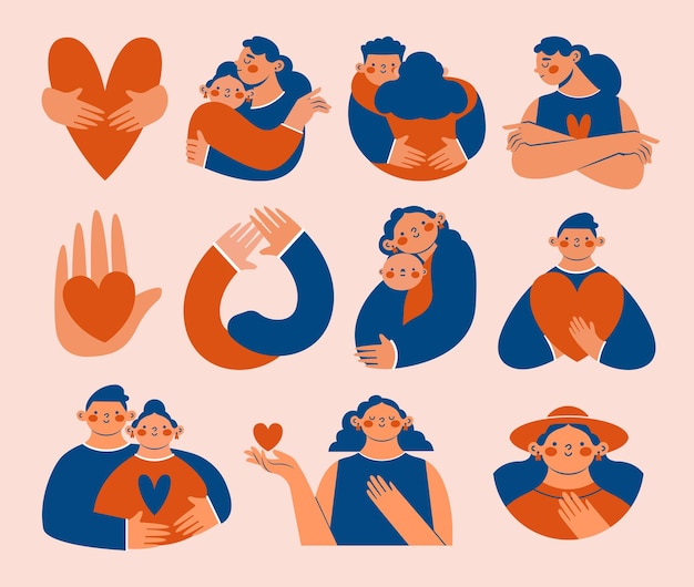 Vector día nacional del abrazo gran conjunto de imágenes prediseñadas modernas y sencillas con personas lindas, personas, amigos, madre