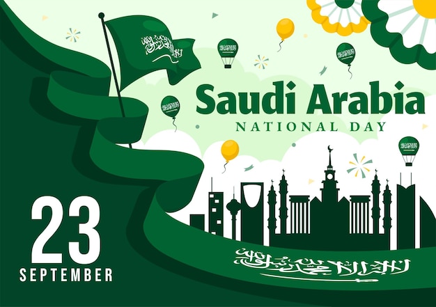 Día Nacional de Arabia Saudita el 23 de septiembre con la bandera del Reino de Arabia Saudita y el paisaje urbano en ilustración vectorial de fondo plano
