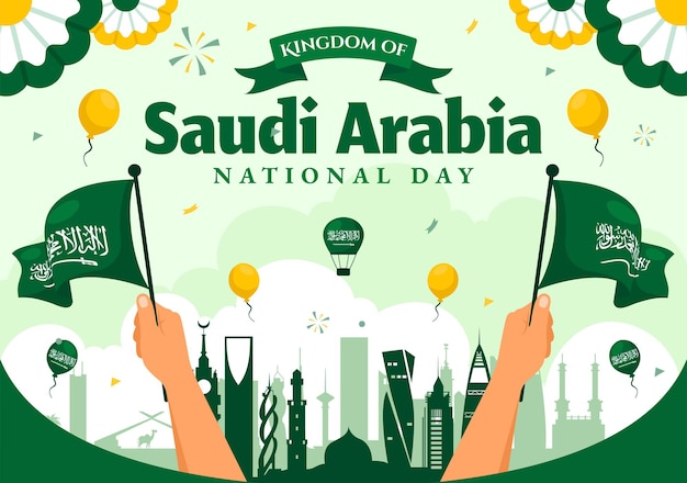 Día Nacional de Arabia Saudita el 23 de septiembre con la bandera del Reino de Arabia Saudita y el paisaje urbano en ilustración vectorial de fondo plano