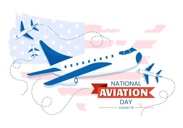 Vector día nacional de la aviación ilustración vectorial del avión con fondo azul cielo o bandera de los estados unidos