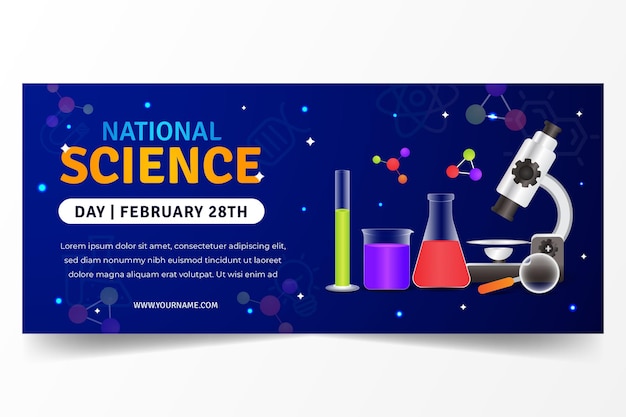 Día Nacional de la Ciencia 28 de febrero banner horizontal con ilustración de equipo de laboratorio