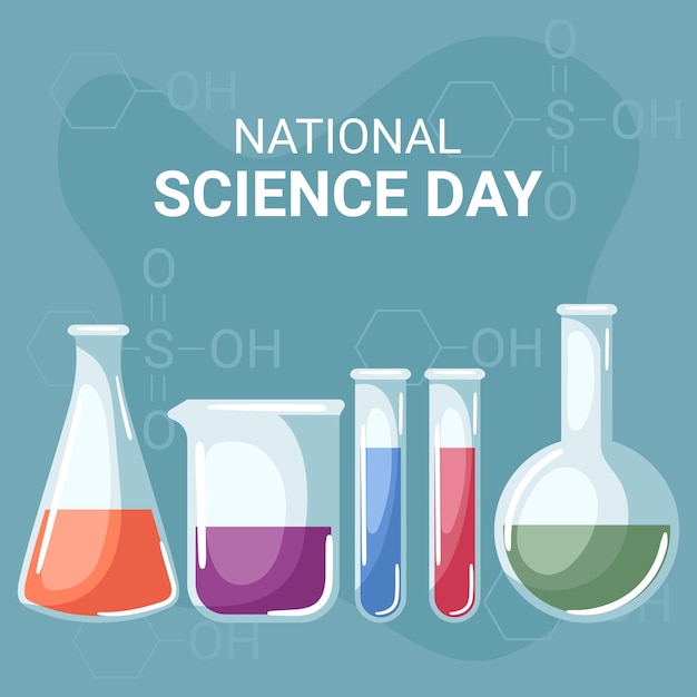 Día nacional de la ciencia con matraz erlenmeyer, vaso de precipitados, tubos de ensayo y matraz aforado