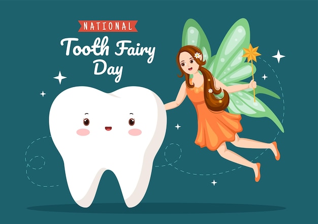 Vector día nacional del hada de los dientes con niña para ayudar a los niños a recibir tratamiento dental en ilustración plana