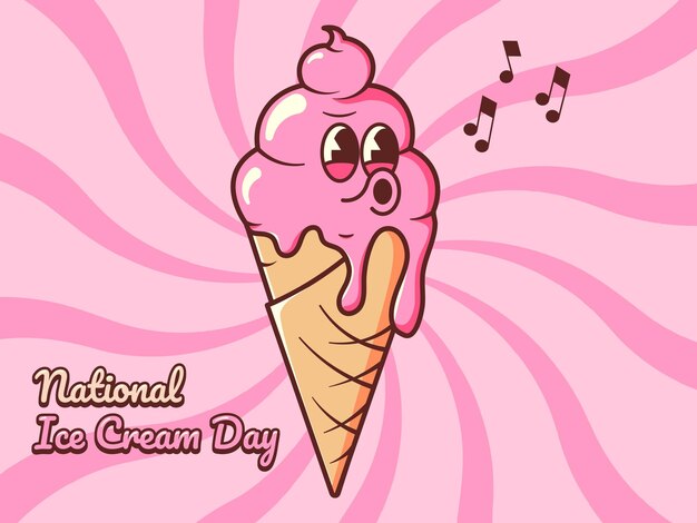 Día nacional del helado en estilo retro ilustración vectorial con una mascota groovy