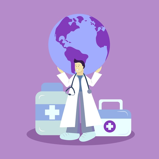 Día Nacional de los Médicos El Doctor tiene el mundo en sus manos Ilustración vectorial plana
