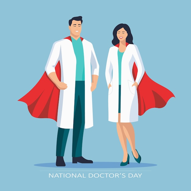 Vector día nacional de los médicos médico y médica con capa roja de superhéroe ilustración vectorial